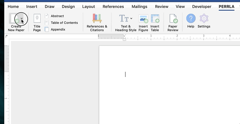 Creating a new paper from the PERRLA ribbon tab in Word