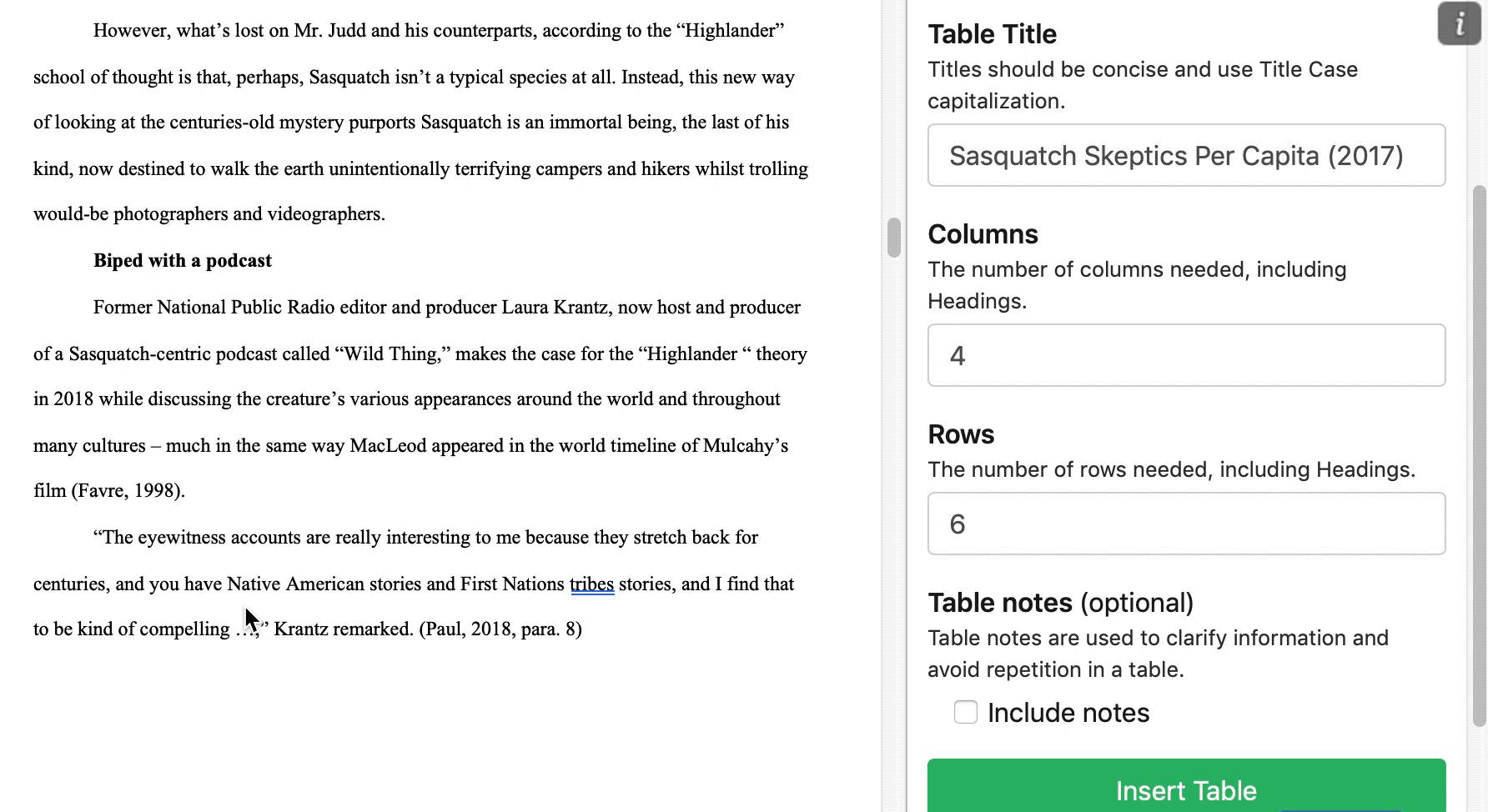 Inserting a table using the PERRLA ribbon in Word