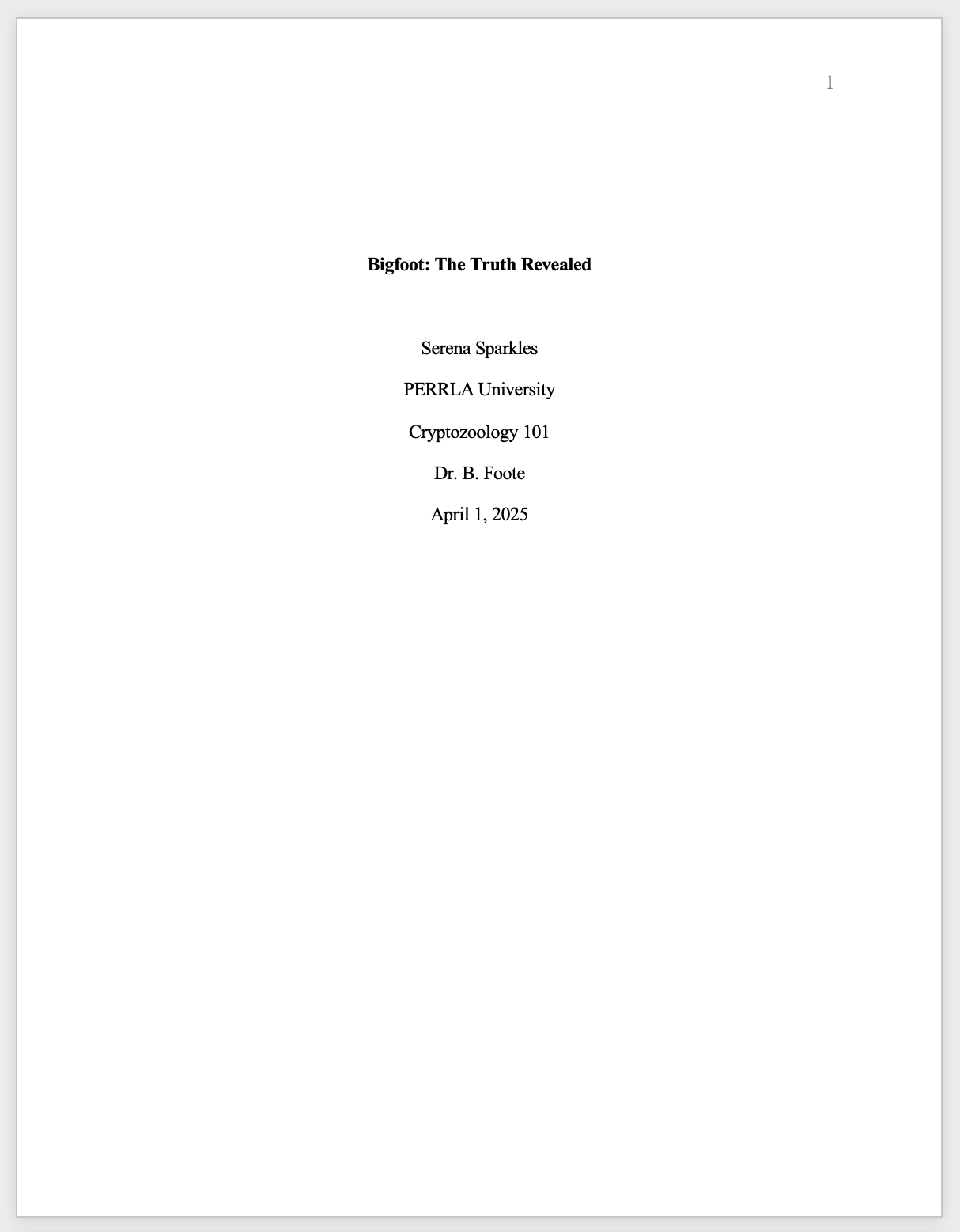 Image of an example Student Title Page