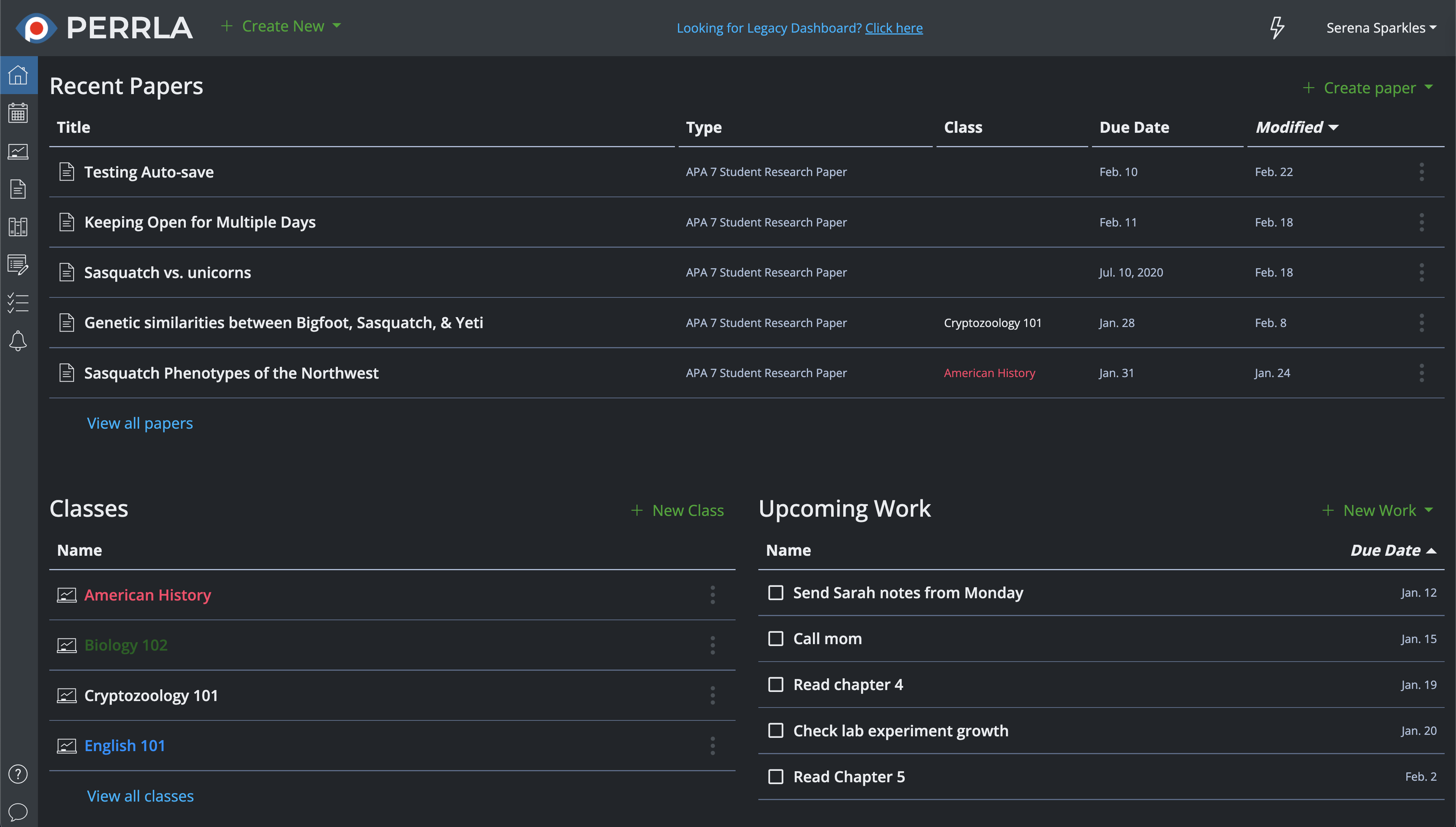 PERRLA Online interface shown in Dark Mode