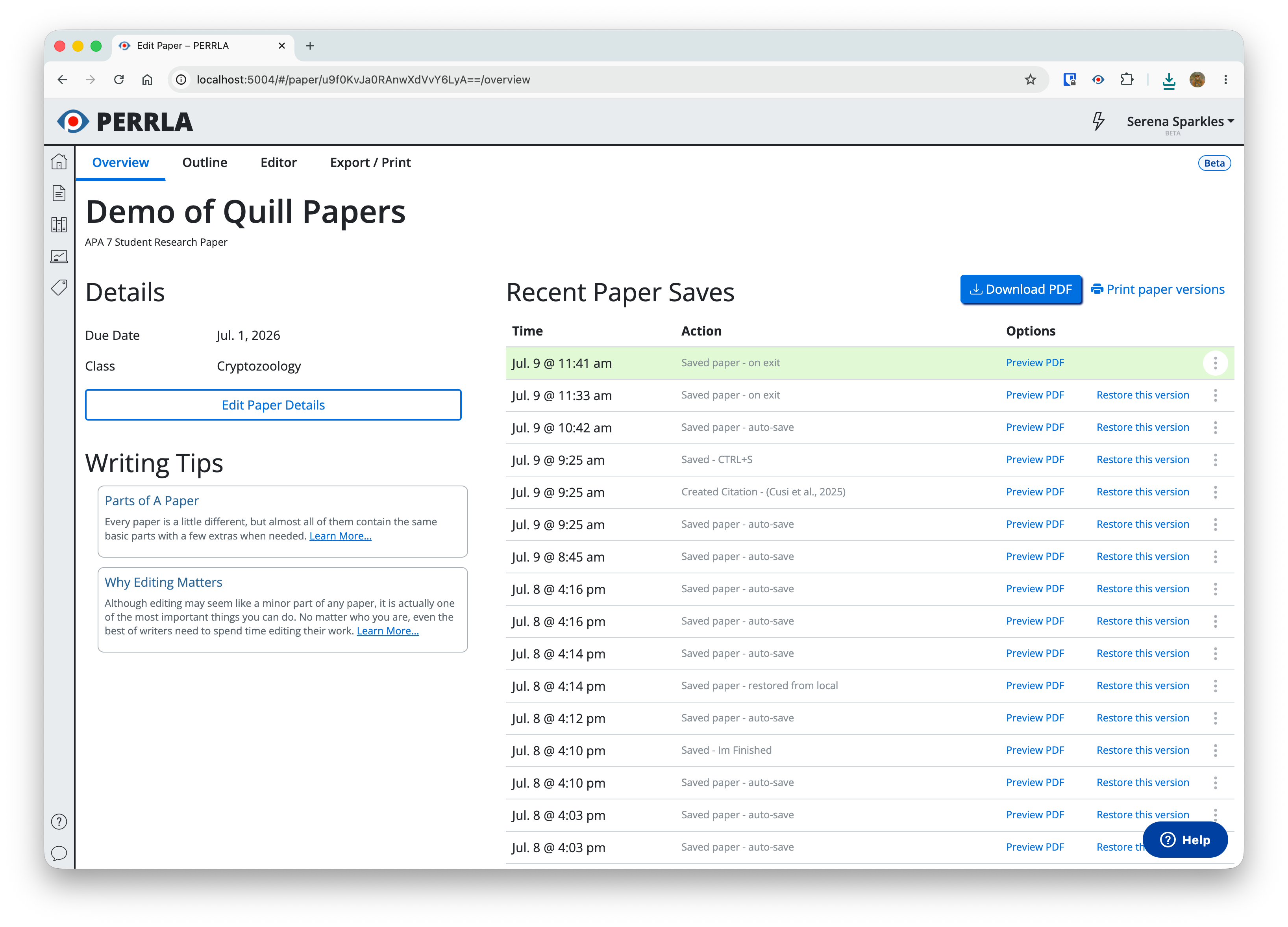 Recent Paper Saves table on the Overview tab showing version history with Download PDF and Print Paper Versions options