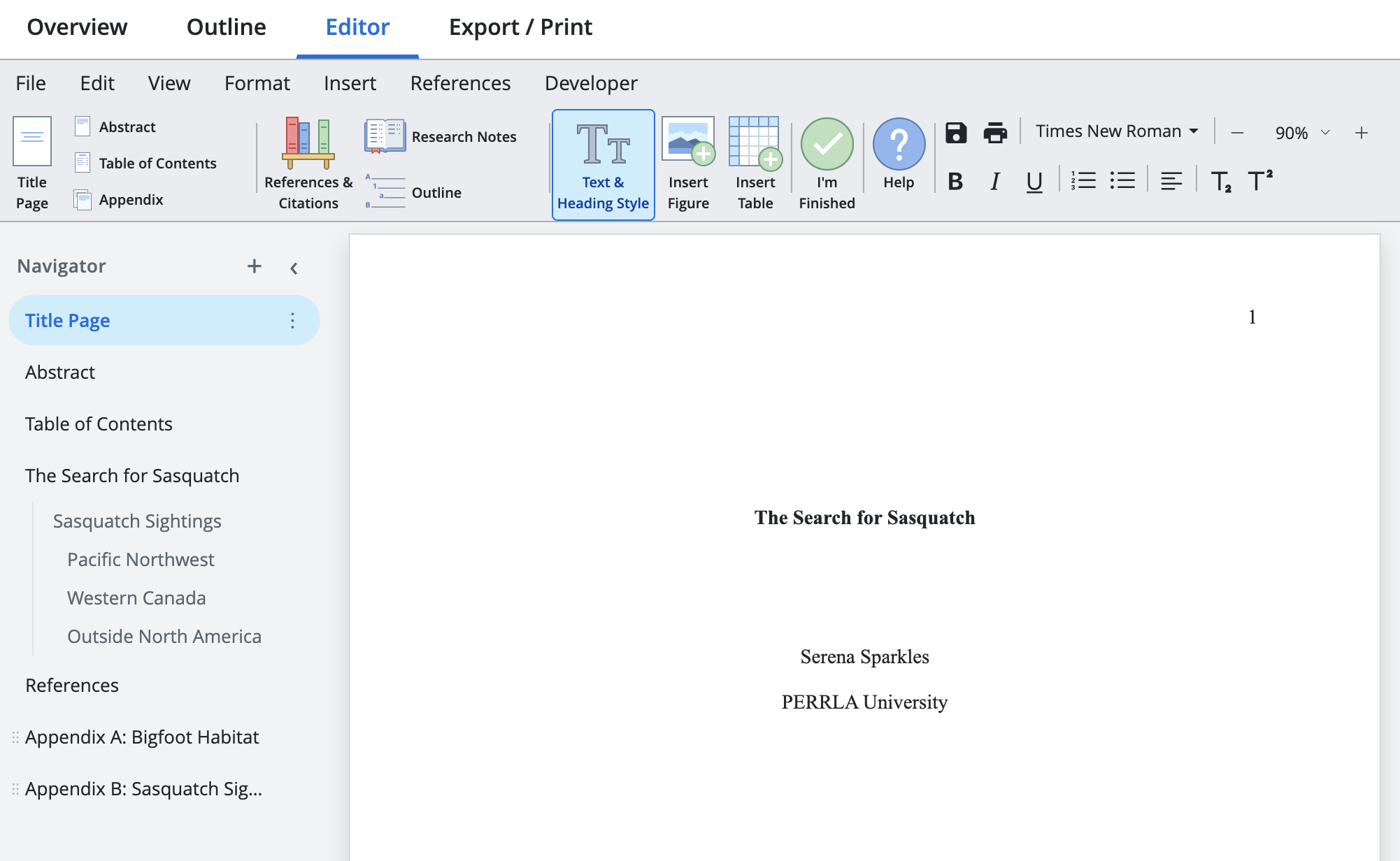 Navigator panel showing paper sections including title page and body