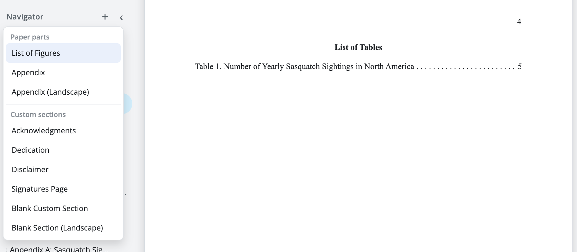 Navigator panel with List of Tables and List of Figures options under Paper Parts