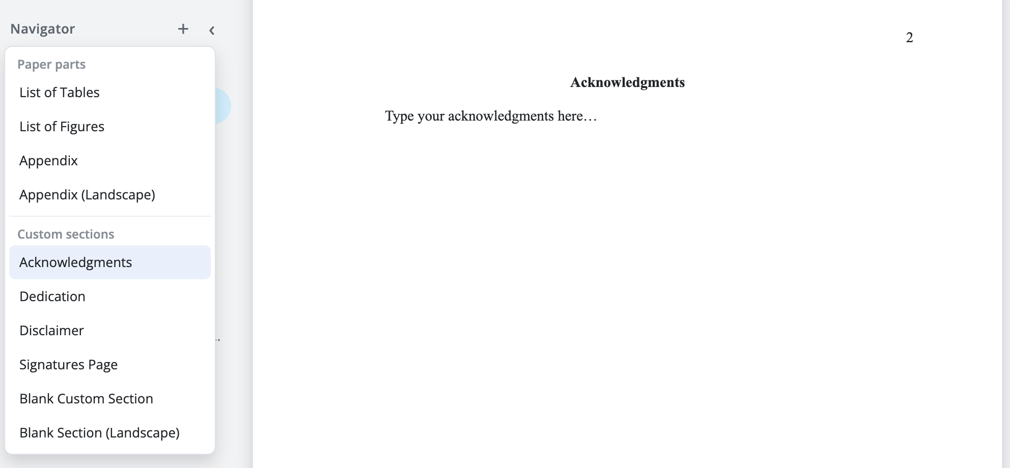 Navigator panel showing the Custom Sections list with options like Acknowledgments and Dedication