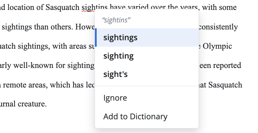 A misspelled word underlined in red with the suggestion menu open