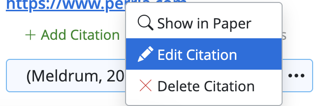 Three-dot menu next to a citation with Edit Citation option