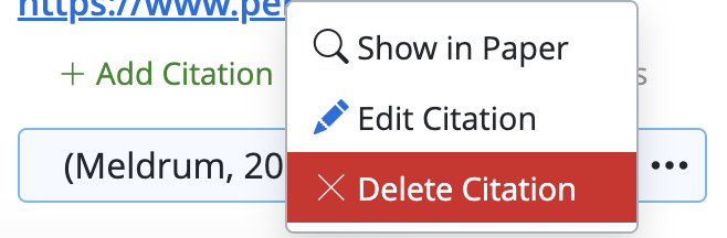 Three-dot menu next to a citation with Delete Citation option