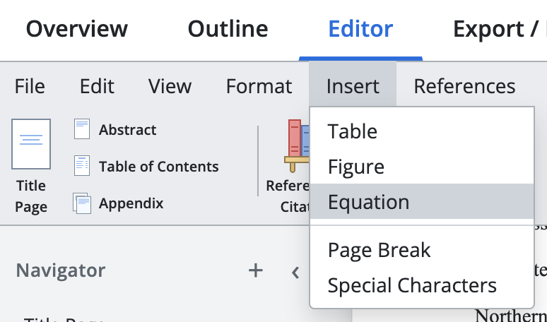 Insert menu open with Equation option highlighted