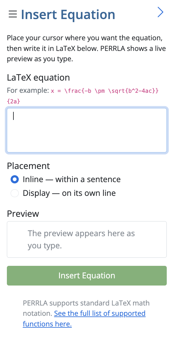 Equation side panel showing LaTeX input, live preview, and placement options