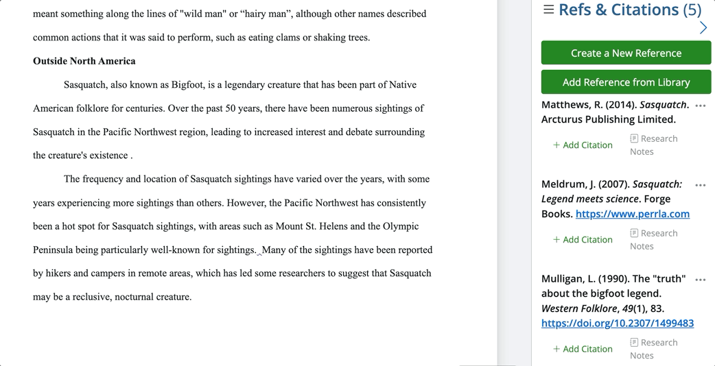 Creating a citation by clicking Add Citation and choosing how the citation should read
