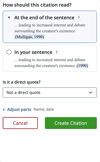 Opening Adjust parts in the citation panel to include or leave out the author's name, date, and location