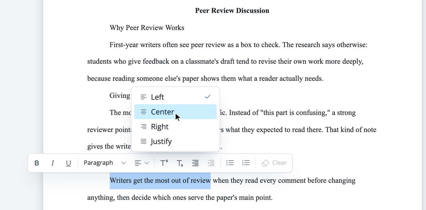 The Text alignment dropdown in the formatting balloon, listing Left, Center, Right, and Justify