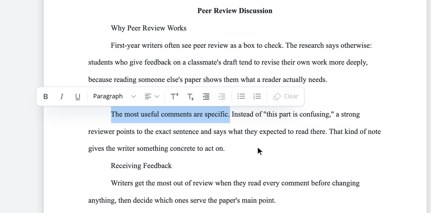 The formatting balloon above a highlighted sentence in a PERRLA Online paper
