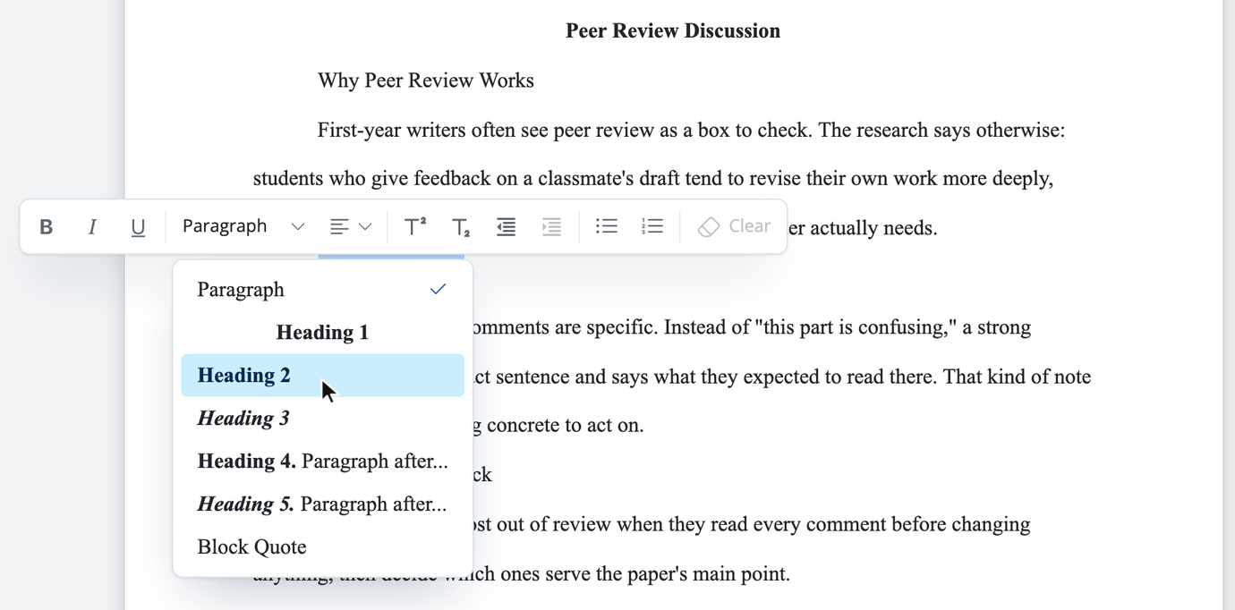 The Text style dropdown in the formatting balloon, listing Paragraph, Heading 1 through Heading 5, and Block Quote
